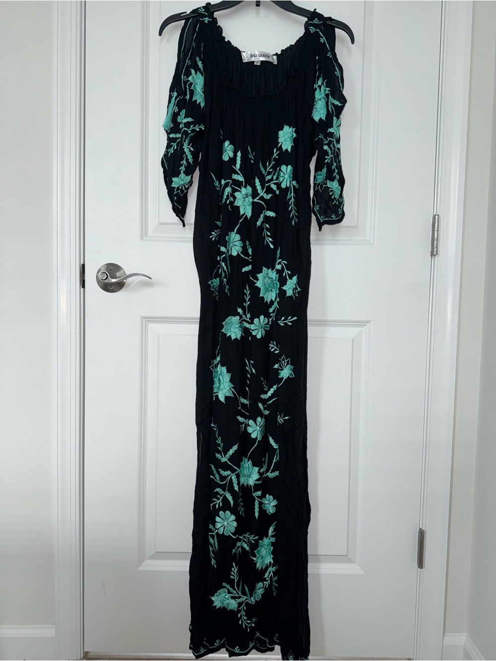 Bali queen Black Maxi Dress with Mint Floral Embroidery